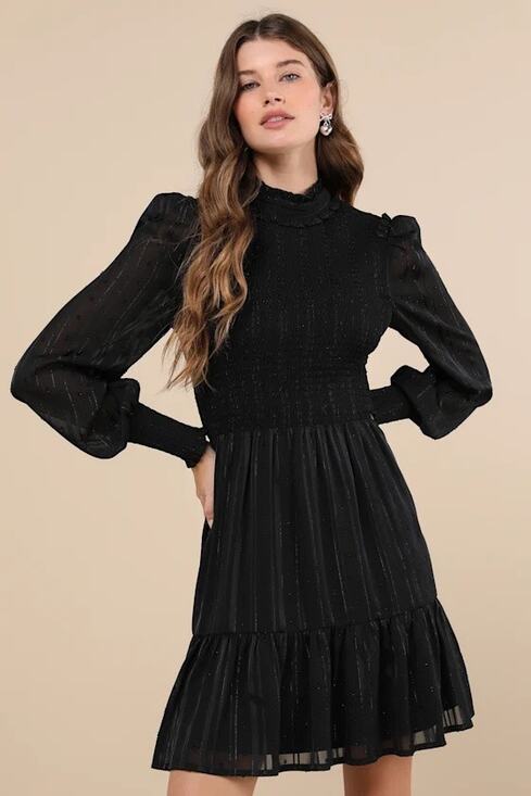 Lulus Dresses & Skirts - Lulus Heartful Romance Black Striped Smocked Long Sleeve Mini Dress